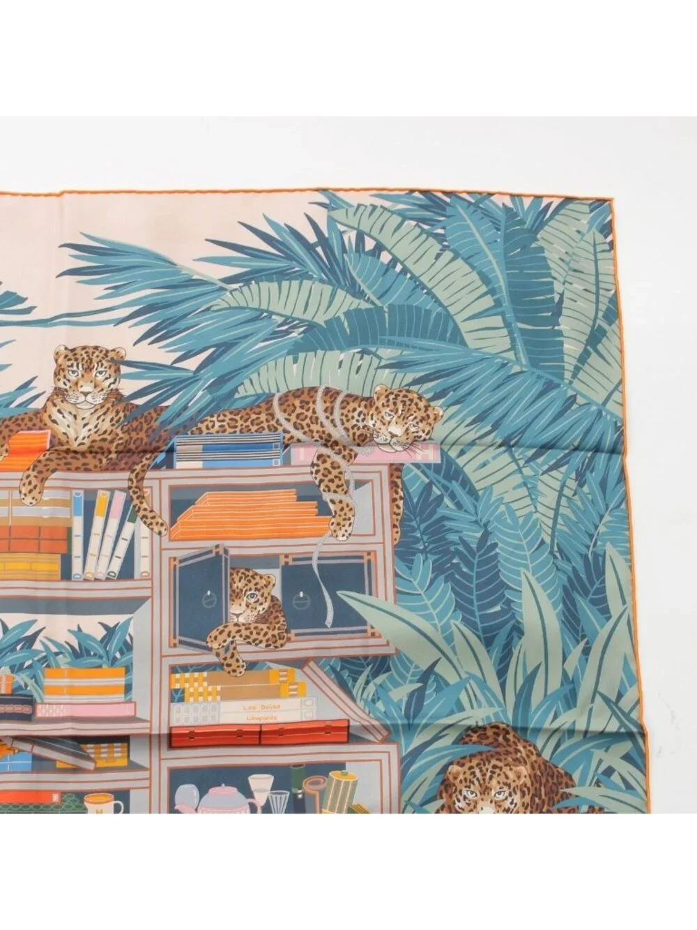 Hermes Carre 90 Silk Double Face Les Douze Leopards 12 Scarf Orange Blue